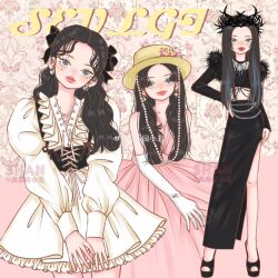 1girl artist_name_(singer) black_hair black_shoes black_skirt commentary corset crown dress earrings elbow_gloves full_body gloves hand_on_own_hip hat highres jewelry long_hair long_sleeves looking_at_viewer multiple_views pink_dress pink_lips red_velvet_(group) seulgi_(red_velvet) shoes side_slit skirt straw_hat symbol-only_commentary white_dress white_gloves wshanshanz