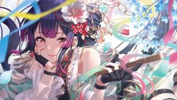 1girl absurdres bad_link black_gloves censer clasp dress earrings flower gloves hair_ornament hand_fan highres holding holding_fan idolmaster idolmaster_shiny_colors jewelry long_hair mayuzumi_fuyuko multicolored_hair necklace official_art red_lips ribbon ring smoke
