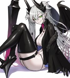 1girl black_jacket boots breasts cleavage fate/grand_order fate_(series) green_eyes high_heel_boots high_heels highres horns jacket lilith_(fate) lilith_(second_ascension)_(fate) long_hair looking_at_viewer pointy_ears shiroshisu sitting smile solo thigh_boots thigh_strap twintails white_background white_hair