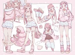1girl backpack bag barefoot blush bomhat boots bra breasts cellphone closed_mouth coffee_mug collarbone cup earmuffs english_text facing_away facing_viewer full_body fur_boots fur_trim highres jacket legs long_hair long_sleeves looking_at_mirror looking_at_self looking_at_viewer mirror mug multiple_views original parka phone pink_background pink_eyes pink_jacket pink_ribbon puffy_shorts rabbit ribbon shirt shorts simple_background sitting skirt small_breasts smartphone smile socks soles solo standing thighhighs twintails ugg_boots underwear white_shorts white_skirt white_socks white_thighhighs
