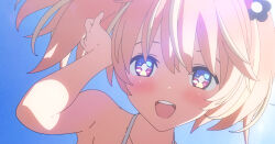 +_+ 1girl 3d bare_shoulders blender_(medium) blonde_hair blue_sky blush bright_pupils cel_rendering cel_shading clear_sky collarbone commentary day english_commentary flower hair_between_eyes hair_flower hair_ornament hand_in_own_hair hand_up highres looking_at_viewer medium_hair multicolored_eyes multicolored_hair open_mouth orange_hair outdoors pink_eyes portrait purple_eyes rinne_(rinrinne) rinrinne rinrinne39_(artist) short_twintails single_bare_arm sky smile solo streaked_hair teeth twintails upper_teeth_only virtual_youtuber white_pupils