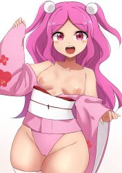 absurdres breasts cameltoe challengia collarbone happy highres japanese_clothes kimono lawchan long_hair looking_at_viewer mistynight nchans nchans_style nipples obi open_mouth pink_eyes pink_hair pink_kimono sash simple_background small_breasts standing topless_female twintails white_background