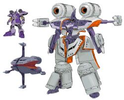 armor commentary cypressdahlia english_commentary full_body fusion grey_armor gundam gundam_gquuuuuux kikeroga kikeroga_(gquuuuuux) mecha mecha_focus mobile_armor mobile_suit mobile_suit_gundam multicolored_armor no_humans one-eyed purple_armor red_eyes redesign robot standing thrusters