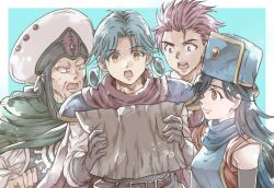 1girl 3boys aqua_background aqua_hair armor avan_de_ginual_the_third black_gloves black_hair blue_hat blue_scarf blue_tunic border breasts brown_eyes brown_gloves character_request commentary_request curly_hair dragon_quest dragon_quest_dai_no_daibouken elbow_gloves gloves hair_over_one_eye hat holding holding_map isa_(chiyo-s) long_hair map matoriv_(dai_no_daibouken) medium_breasts multiple_boys n no_eyebrows open_mouth red_hair red_scarf scarf short_hair shoulder_armor sweatdrop swept_bangs tunic upper_body white_border white_hat wide-eyed