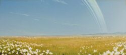 2girls absurdly_wide_shot absurdres asimov_(spindle_(aidenr0)) blue_sky brown_hair cloud commentary day english_commentary field flower grass highres mountainous_horizon multiple_girls original ottilie_(spindle_(aidenr0)) outdoors planetary_ring scenery sky spindle_(aidenr0) standing white_flower white_hair