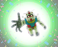 gundam gundam_gquuuuuux gundam_unicorn looking_at_viewer mecha mobile_suit niiyan no_humans open_hand robot rx-78-2_gundam scene_reference science_fiction solo v-fin yellow_eyes