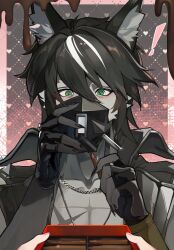 ! 1boy 1girl artist_request black_gloves black_hair black_jacket blush body_fur box box_of_chocolates chocolate commentary_request fingerless_gloves fingernails furry furry_male furry_with_non-furry gloves green_eyes grey_fur heart heart_background hetero highres interspecies jacket looking_at_viewer mask mors_(zenless_zone_zero) pink_background respirator second-party_source sharp_fingernails short_hair sleeveless sleeveless_jacket upper_body valentine wolf_boy zenless_zone_zero