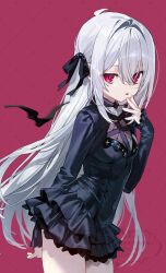 1girl :p absurdres bat_(animal) black_dress breasts dress expressionless grey_hair hair_ribbon highres long_hair looking_at_viewer mearylis_(yamanasi_mikage) original red_eyes ribbon short_dress slit_pupils small_breasts solo tongue tongue_out very_long_hair yamanasi_mikage