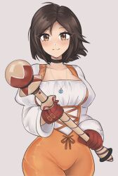 1girl alternate_hairstyle artist_name blush bodysuit breasts brown_eyes brown_hair cleavage closed_mouth collarbone commentary eyebrows_hidden_by_hair eyelashes eyes_visible_through_hair facing_viewer final_fantasy final_fantasy_ix garnet_til_alexandros_xvii gloves heart highres holding holding_staff large_breasts long_hair long_sleeves looking_at_viewer luci_(purrlucii) mage_staff orange_bodysuit puffy_sleeves red_gloves shirt short_hair signature smile solo staff standing very_long_hair white_background white_shirt wide_ponytail