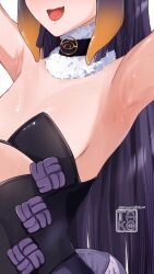 1girl :d absurdres armpits arms_up black_collar black_dress breasts close-up collar commentary cutout_above_navel dress fang feathered_wings fur-trimmed_collar fur_trim gradient_hair head_out_of_frame highres hololive hololive_english long_hair low_wings multicolored_hair ninomae_ina&#039;nis ninomae_ina&#039;nis_(1st_costume) open_mouth orange_hair purple_hair sidelocks simple_background skin_fang sleeveless sleeveless_dress small_breasts smile solo straight_hair strapless strapless_dress takoroki tentacle_hair tube_dress very_long_hair virtual_youtuber white_background white_wings wings