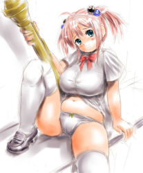 blue_eyes blush breasts cameltoe high-explosive_anti-tank_(warhead) large_breasts man-portable_anti-tank_systems moriichi navel panties panzerfaust pink_hair plump recoilless_gun thighhighs twintails underwear white_legwear