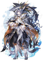 1boy air_bubble ascot bicorne black_coat black_pants boots bubble capri_pants caviar caviar_(food_fantasy) cloak coat eyepatch fish_hat food_fantasy frilled_shirt_collar frilled_sleeves frills full_body gold_trim grey_boots grey_cloak grey_eyes grey_hair grey_sash hair_over_one_eye hand_on_own_hip hat high_heel_boots high_heels highres holding holding_sword holding_weapon long_hair long_sleeves looking_at_viewer male_focus pants parted_lips pirate pirate_hat sash sleeve_cuffs solo standing suisan_shijou sword two-sided_cloak two-sided_fabric wavy_hair weapon white_ascot