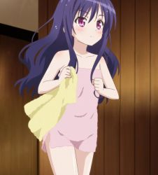 Rule 34 | 10s, 1girl, anime screenshot, blue hair, blush, female focus, highres, indoors, legs, long hair, momijidani nozomi, naked towel, purple eyes, purple hair, solo, standing, stitched, tenshi no 3p!, third-party edit, towel