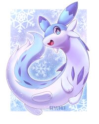 artist_name blue_eyes border bright_pupils chillet commentary creature creature_focus english_commentary full_body happy no_humans open_mouth outline outside_border pal_(creature) palworld seyumei snowflake_background snowing white_border white_outline white_pupils