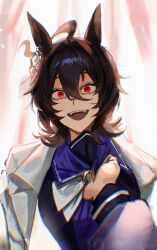 Rule 34 | 1girl, absurdres, agnes tachyon (umamusume), ahoge, animal ears, brown hair, choripan, clothes pull, crazy eyes, evil eyes, evil smile, hair between eyes, highres, horse ears, horse girl, lab coat, long sleeves, open mouth, pulling another&#039;s clothes, red eyes, sanpaku, shaded face, shirt, shirt pull, smile, umamusume
