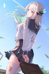 1girl absurdres bag black_sailor_collar black_skirt bowlp brown_bag commentary english_commentary falling_leaves firefly_(honkai:_star_rail) firefly_(spring_missive)_(honkai:_star_rail) from_behind grey_hair hair_intakes highres holding holding_bag honkai:_star_rail honkai_(series) leaf long_hair long_sleeves looking_at_viewer looking_back outdoors plaid_clothes plaid_skirt pleated_skirt purple_eyes revision sailor_collar shirt skirt smile solo thighhighs thighs white_shirt white_thighhighs