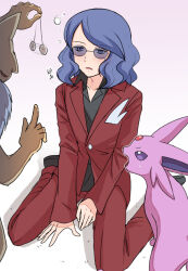 1boy afterimage akr_(tvfz2233) black_shoes collared_shirt commentary_request espeon frown gen_1_pokemon gen_2_pokemon hypno hypnosis index_finger_raised jacket long_hair lucian_(pokemon) male_focus mind_control motion_lines nintendo open_mouth pants pendulum pokemon pokemon_(creature) pokemon_dppt red_jacket red_pants shirt shoes sitting squeans sunglasses translation_request