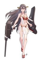 1girl adapted_turret alternate_costume alternate_weapon bikini breasts cannon flip-flops grey_eyes grey_hair hair_between_eyes hair_ornament hairband hairclip haruna_(kancolle) haruna_kai_ni_(kancolle) headgear highres kantai_collection large_breasts long_hair multi-strapped_bikini_bottom navel neve_(morris-minicooper) red_bikini sandals solo swimsuit very_long_hair weapon white_background