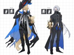2boys abyssal_hunters_logo animal_ears arknights belt black_boots black_cape black_coat black_hat black_pants blonde_hair blue_cape boots cape coat cosplay costume_switch emphasis_lines full_body gameplay_mechanics grey_hair grid_background hair_over_one_eye hat highres holding holding_statue holding_unworn_clothes holding_unworn_hat horse_boy horse_ears horse_tail kingdom_of_kazimierz_logo long_hair male_focus mask mlynar_(arknights) mlynar_(arknights)_(cosplay) multiple_belts multiple_boys nearl_(arknights) nearl_the_radiant_knight_(arknights) necktie pants pointy_hat pouch red_eyes short_hair simple_background skadi_(arknights) sparkle tail thigh_pouch thigh_strap torn_cape torn_clothes two-sided_cape two-sided_coat two-sided_fabric ulpianus_(arknights) ulpianus_(arknights)_(cosplay) unworn_hat unworn_headwear white_background white_necktie yakota_(usuk-yako) yellow_eyes