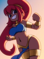 1girl absurdres bikini black_eyes blue_bikini borrowed_character bracer breasts choker dark_skin grin highres jewelry large_breasts long_hair looking_at_viewer navel no&#039;e_(world_in_the_waves) pelvic_curtain ponytail red_hair sky smile soandnb standing sunset swimsuit teeth thighlet world_in_the_waves