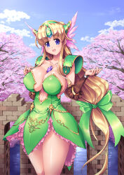 1girl :d armor blonde_hair blue_eyes blush bow breasts bridal_gauntlets cherry_blossoms cleavage cloud collarbone cowboy_shot day dress forehead_jewel frilled_dress frills gem green_dress hair_bow helmet highres huge_breasts jewelry large_breasts long_hair looking_at_viewer low-tied_long_hair navel necklace open_mouth outdoors pauldrons pendant raochuu ribbon riesz seiken_densetsu seiken_densetsu_3 shoulder_armor sidelocks sky smile solo standing strapless strapless_dress very_long_hair winged_helmet