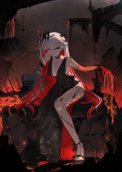 1girl absurdres arm_support birdcage black_choker black_dress black_gloves black_horns black_sandals breasts cage choker closed_mouth collarbone colored_inner_hair commentary crack dress elbow_gloves elphe english_commentary eyes_visible_through_hair gloves hair_ornament highres horns indoors large_breasts lava legs long_hair looking_at_viewer mixed-language_commentary multicolored_hair no_socks original pointy_ears red_dress red_hair sandals single_elbow_glove sitting solo sparkle strappy_heels toenails toes two-tone_dress very_long_hair white_hair yellow_eyes