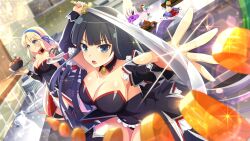 Rule 34 | 2girls, angel mort, artist request, black collar, black hair, black leotard, blonde hair, blue eyes, blue hairband, blunt bangs, bowl, breasts, carrot, carrot slice, cleavage, collar, crossover, cup, detached collar, fish, food, game cg, glass, green eyes, hairband, highres, higurashi no naku koro ni, higurashi no naku koro ni mei, holding, holding sword, holding tray, holding weapon, ikaruga (senran kagura), indoors, katsuragi (senran kagura), kunai, large breasts, leotard, long hair, long sleeves, mug, multiple girls, non-web source, official art, open mouth, plate, senran kagura, smile, sparkle, sword, tentacles, tray, weapon, whipped cream