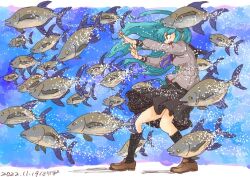 1girl aqua_hair artist_name black_eyes black_sailor_collar black_shirt black_socks blue_neckerchief bluefin_trevally brown_shoes commentary dated fighting_stance fish floating_hair flying_fish from_side full_body grey_shirt hari_tabo42 kawabe_marin kneehighs loafers long_hair neckerchief open_mouth original pleated_skirt sailor_collar school_of_fish school_uniform serafuku shirt shoes signature skirt socks solo standing trevally water