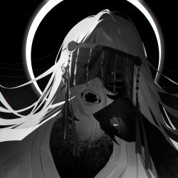 Rule 34 | 1boy, absurdres, arm rest, black background, black sclera, colored extremities, colored sclera, fingernails, hair between eyes, hand on own chin, highres, long hair, nakddidi, open mouth, original, pointy ears, sharp fingernails, sharp teeth, solo, tassel, teeth, upper body, veil over eyes, white hair