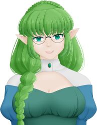 Rule 34 | 1girl, absurdres, blue dress, braid, breasts, cleavage, cleavage cutout, clothing cutout, commission, commissioner upload, crown braid, dress, elf, euphemy sylvaine, glasses, green dress, green eyes, green hair, hair over shoulder, highres, juliet sleeves, large breasts, long hair, long sleeves, looking at viewer, medium breasts, official art, pointy ears, puffy sleeves, round eyewear, selinanovalight, single braid, smile, solo, upper body, ways of darkness (series)