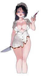 1girl absurdres bare_legs black_hair blue_eyes breasts burnt_clothes cleavage commentary_request cropped_legs dress_shirt hand_up hat highres holding holding_knife holding_syringe ive_(stellive) knife korean_commentary large_breasts long_hair looking_at_viewer mole mole_on_breast mole_on_thigh mole_under_eye no_bra no_panties no_pants nurse nurse_cap open_mouth ponytail sangobob shirt short_sleeves simple_background smile solo stellive syringe thighs underlighting virtual_youtuber white_background white_shirt wing_collar
