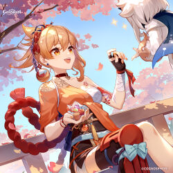 2girls absurdres bandaged_arm bandages black_thighhighs blonde_hair chest_sarashi chest_tattoo commentary english_commentary genshin_impact hand_up hand_wraps highres holding japanese_clothes looking_at_another medium_hair multiple_girls official_art open_mouth outdoors paimon_(genshin_impact) sarashi short_sleeves single_bare_shoulder single_sleeve single_thighhigh sitting smile tattoo teeth thighhighs upper_teeth_only vision_(genshin_impact) white_hair yoimiya_(genshin_impact)