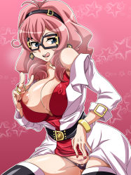 Rule 34 | 1girl, antenna hair, areola slip, bangle, bare shoulders, belt, black-framed eyewear, black panties, black thighhighs, blue eyes, bracelet, breasts, buckle, cameltoe, cleavage, clitoris slip, clothes lift, coat, covered erect nipples, cowboy shot, decorski-hakase, dress, dress lift, earrings, female focus, female pubic hair, fingernails, from side, g-string, glasses, gradient background, hairband, highres, jewelpet (series), jewelpet kira deco!, jewelry, lab coat, large areolae, large breasts, licking lips, long fingernails, looking at viewer, mature female, micro panties, nail polish, naughty face, nipple piercing, nipple rings, nipples, nori (akusei shinseibutsu), off shoulder, open clothes, open coat, open mouth, outline, panties, piercing, pink hair, professor decorski, pubic hair, puffy nipples, pussy, pussy peek, short dress, short hair, smile, solo, star (symbol), star symbol background, string panties, sweat, tattoo, thighhighs, thong, tongue, tongue out, underwear, v