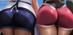 2girls aramyx ass ass_focus blue_shorts eiyuu_densetsu from_behind head_out_of_frame huge_ass laura_s._arseid multiple_girls noel_seeker sen_no_kiseki_(series) short_shorts shorts vest