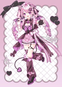 Rule 34 | 1girl, azarashi6, black choker, black gloves, blush, boots, bow, breasts, choker, cleavage, cleavage cutout, clothing cutout, demon tail, demon wings, dress, drill hair, facial mark, fingerless gloves, frills, full body, gloves, hair between eyes, hair bow, hair ornament, headdress, heart, heart facial mark, high heel boots, high heels, highres, holding, holding microphone, long hair, looking at viewer, loose socks, medium breasts, microphone, open mouth, original, pink dress, pink hair, pink thighhighs, purple eyes, ribbon, short sleeves, single thighhigh, smile, socks, solo, tail, thigh strap, thighhighs, twin drills, twintails, wings