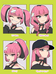 Rule 34 | 1girl, alternate hairstyle, bandaid, bandaid hair ornament, bare shoulders, black eyes, black hair, black shirt, blunt bangs, braid, colored inner hair, coral (pokemon), eyelashes, fang, hair down, hair ornament, highres, long hair, mogutory, multicolored hair, multiple expressions, nintendo, pink hair, pink nails, pokemon, pokemon (anime), pokemon horizons, ponytail, shirt, teeth, twin braids, twintails, two-tone hair, upper body, v