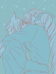 1boy 1girl aerith_gainsborough alternate_costume aqua_background aqua_shirt arms_around_neck arms_around_waist braid braided_ponytail breasts closed_eyes cloud_strife couple final_fantasy final_fantasy_vii hair_ribbon hetero kiss long_hair long_sleeves medium_breasts ribbon shirt short_hair single_braid sketch spiked_hair tokiokiyu upper_body