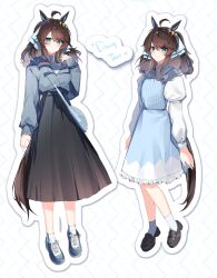 1girl ahoge alternate_costume animal_ears black_shoes black_skirt blue_dress blue_jacket blue_shoes brown_hair casual character_name daring_tact_(umamusume) dress ear_ornament full_body green_eyes hair_ribbon hashtag-only_commentary highres horse_ears horse_girl jacket juliet_sleeves loafers long_hair long_skirt long_sleeves looking_at_viewer multicolored_shoes multiple_views ponytail puffy_sleeves ribbon sb_(akagikeai) shirt shoes skirt smile sneakers socks two-tone_shoes umamusume wavy_hair white_shirt white_shoes white_socks