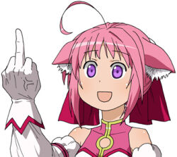 1girl :d ahoge animal_ear_fluff animal_ears bad_source bare_shoulders commentary_request covered_collarbone detached_sleeves dog_days dog_ears false_smile gloves hand_up long_sleeves lowres maso_(ascii_art) middle_finger millhiore_f._biscotti open_mouth pink_hair purple_eyes short_hair simple_background smile solo upper_body veins veiny_hands white_background white_gloves white_sleeves