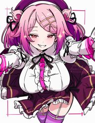1girl amato_tenshi artist_name asami-chan beret black_ribbon blush breasts center_frills commentary commission detached_sleeves english_commentary frilled_shirt frills garter_straps grin hair_ornament hair_ribbon hairclip hat highres large_breasts long_hair long_sleeves looking_at_viewer mahjong_fight_girl neck_ribbon outstretched_arms pink_eyes pink_hair pink_thighhighs purple_hat purple_skirt ribbon shirt signature skeb_commission skirt smile solo sparkle striped_clothes striped_thighhighs swept_bangs teeth thighhighs thighs two_side_up white_background white_garter_straps white_shirt