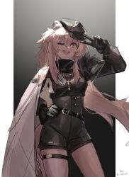Rule 34 | 1girl, absurdres, animal ear fluff, animal ears, arknights, arm up, belt, black belt, black gloves, black hat, black romper, breasts, bright pupils, brown hair, cape, commentary, commission, cowboy shot, dated, english commentary, genieko, gloves, gradient background, gravel (arknights), gravel (modeling night) (arknights), hair between eyes, hat, highres, jewelry, long hair, looking at viewer, medium breasts, necklace, official alternate costume, one eye closed, outside border, pendant, pillarboxed, pink hair, romper, signature, smile, solo, tail, teeth, thigh strap, upper teeth only, v, white cape, white pupils