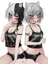 absurdres akarinnndesu animal_ears arm_strap band_shirt bandaid bandaid_on_leg black_camisole black_hair black_shorts blue_eyes blush breasts camisole cat_ears cleavage closed_mouth collar dolphin_shorts grey_hair highres hololive hololive_english hololive_indonesia looking_at_viewer medium_breasts medium_hair merchandise multicolored_hair navel pantera_(band) shiori_novella shorts spiked_collar spikes split-color_hair two-tone_hair vestia_zeta virtual_youtuber white_hair yellow_eyes