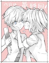 10s 2girls akuma_no_riddle arm_grab azuma_tokaku blue_eyes blush cellphone cellphone_charm cellphone_strap charm_(object) chin_rest embarrassed closed_eyes flip_phone hand_on_another&#039;s_face head_on_head heart ichinose_haru looking_at_another minakata_sunao monochrome multiple_girls necktie official_art phone pink_hair short_hair smile spot_color text_focus translated twintails yuri