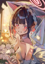 1girl 1other alternate_costume animal_ears bare_shoulders betabeet black_hair blue_archive blush bouquet breasts bridal_veil cat_choker cat_ears cat_girl choker cleavage colored_inner_animal_ears colored_inner_hair dress earrings elbow_gloves extra_ears flower gloves grin highres holding holding_bouquet holding_hands jewelry kazusa_(blue_archive) looking_at_viewer multicolored_hair pink_eyes pov short_hair smile strapless strapless_dress two-tone_hair veil wedding_dress white_choker white_dress white_gloves