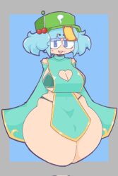 Rule 34 | 1girl, alternate costume, bikini, blue background, blue eyes, blue hair, breasts, newsboy cap, cleavage, commentary, curvy, fang, green bikini, grey background, hair bobbles, hair ornament, hat, highres, jiangshi costume, kawashiro nitori, large breasts, looking at viewer, mccum69, ofuda, open mouth, short eyebrows, short hair, solo, swimsuit, tabard, thighs, touhou, two-tone background, two side up