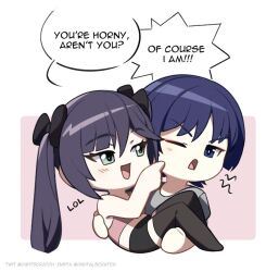 1boy 1girl alternate_costume bike_shorts black_bow black_shorts black_thighhighs blue_eyes blunt_bangs blunt_ends bow bra bright_pupils carrying chibi contemporary couple digitalscratch eyeliner eyeshadow finger_to_cheek flirting genshin_impact green_eyes grey_shirt hair_between_eyes hair_bow hand_on_another&#039;s_back hand_on_another&#039;s_thigh hetero instagram_username light_blush long_hair looking_at_another makeup mona_(genshin_impact) one_eye_closed open_mouth parted_bangs pink_bra princess_carry purple_hair red_eyeliner red_eyeshadow scaramouche_(genshin_impact) shirt shorts sidelocks sports_bra t-shirt teasing thighhighs tongue twintails twitter_username underwear v-shaped_eyebrows white_pupils
