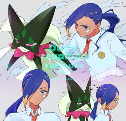 1boy aliquis_(pokemon) asymmetrical_bangs bandaid bandaid_on_face blue_eyes blue_hair closed_mouth collared_shirt commentary_request grey_background hair_over_one_eye highres male_focus meowscarada multiple_views necktie nintendo orange_necktie pokemon pokemon:_paldean_winds pokemon_(creature) ponytail rei_hinketsu school_uniform shirt smoke split_mouth twitter_username watermark