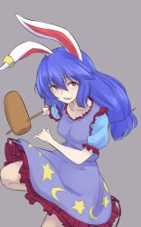 1girl animal_ears blue_dress blue_hair commentary crescent_print dress earclip frilled_dress frills grey_background highres kakone kine long_hair looking_at_viewer low_twintails mallet one-hour_drawing_challenge open_mouth rabbit_ears rabbit_girl red_eyes seiran_(touhou) short_sleeves simple_background solo star_(symbol) star_print touhou twintails