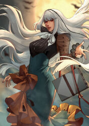 absurdres annasassiart black_shirt blurry blurry_background bow bow_skirt closed_mouth dress floating_hair frilled_skirt frills full_moon green_dress hand_up high-waist_skirt highres holding holding_notebook huge_moon long_hair long_skirt long_sleeves moon neckerchief night night_sky notebook pearl_hair_ornament red_bow red_eyes red_nails reverse:1999 see-through_clothes see-through_sleeves semmelweis_(reverse:1999) shirt skirt sky very_long_hair white_hair white_neckerchief