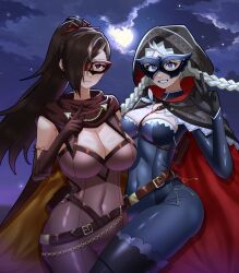 2girls ahoge black_gloves blue_bodysuit blue_eyes blue_mask bodysuit braid breasts brown_hair cape cleavage cloud cloudy_sky commission commissioner_upload crystal_earrings earrings eye_mask fire_emblem fire_emblem_fates fire_emblem_heroes full_moon gloves hair_over_one_eye harness highres hood hood_up hooded_cape jewelry kagero_(fire_emblem) kagero_(thief)_(fire_emblem) keyring ko-fi_commission large_breasts leather_belt long_hair low_twin_braids medium_breasts moon multiple_girls night night_sky nina_(fire_emblem) nina_(thief)_(fire_emblem) nintendo non-web_source novasvr o-ring o-ring_harness official_alternate_costume parted_bangs phantom_thief ponytail skin_tight sky thief turtleneck twin_braids two-tone_bodysuit two-tone_cape white_hair yellow_cape